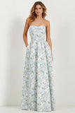 White Blue Flower Sweetheart A Line Printed Long Bridesmaid Dress with Pockets