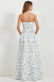 White Blue Flower Sweetheart A Line Printed Long Bridesmaid Dress with Pockets