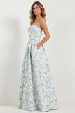 White Blue Flower Sweetheart A Line Printed Long Bridesmaid Dress with Pockets