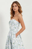 White Blue Flower Sweetheart A Line Printed Long Bridesmaid Dress with Pockets