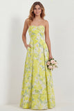 White Blue Flower Sweetheart A Line Printed Long Bridesmaid Dress with Pockets