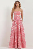 Strapless Hot Pink A Line Jacquard Long Bridesmaid Dress with Pockets