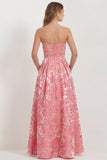Strapless Hot Pink A Line Jacquard Long Bridesmaid Dress with Pockets