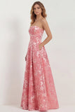 Strapless Hot Pink A Line Jacquard Long Bridesmaid Dress with Pockets