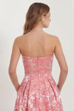 Strapless Hot Pink A Line Jacquard Long Bridesmaid Dress with Pockets