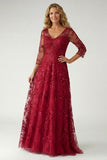 Burgundy Sequin A Line V-Neck Mother of the Bride Dress with 3/4 Sleeves
