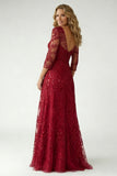 Burgundy Sequin A Line V-Neck Mother of the Bride Dress with 3/4 Sleeves