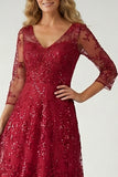 Burgundy Sequin A Line V-Neck Mother of the Bride Dress with 3/4 Sleeves