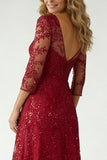 Burgundy Sequin A Line V-Neck Mother of the Bride Dress with 3/4 Sleeves