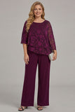 Burgundy Floral 2 Piece Long Mother Of The Bride Pantsuits with Sleeves