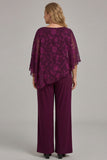 Burgundy Floral 2 Piece Long Mother Of The Bride Pantsuits with Sleeves
