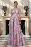 Dusty Rose A Line Illusion Neck Floral Long Mother Of The Bride Dress