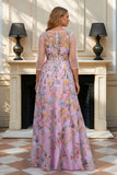 Dusty Rose A Line Illusion Neck Floral Long Mother Of The Bride Dress