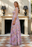 Dusty Rose A Line Illusion Neck Floral Long Mother Of The Bride Dress