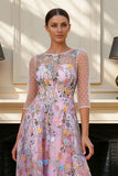 Dusty Rose A Line Illusion Neck Floral Long Mother Of The Bride Dress