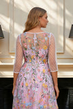 Dusty Rose A Line Illusion Neck Floral Long Mother Of The Bride Dress