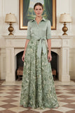A Line Sage Green Floral Notched Lapel Long Mother Of The Bride Dress with Bow