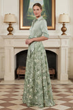 A Line Sage Green Floral Notched Lapel Long Mother Of The Bride Dress with Bow