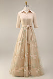 A Line Sage Green Floral Notched Lapel Long Mother Of The Bride Dress with Bow