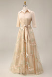 A Line Sage Green Floral Notched Lapel Long Mother Of The Bride Dress with Bow