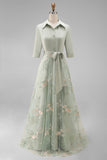 A Line Sage Green Floral Notched Lapel Long Mother Of The Bride Dress with Bow