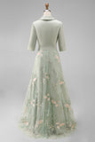 A Line Sage Green Floral Notched Lapel Long Mother Of The Bride Dress with Bow