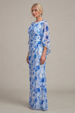 Blue Flower Sheath Printed Cape Sleeve Mother of the Bride Dress