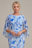 Blue Flower Sheath Printed Cape Sleeve Mother of the Bride Dress