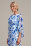 Blue Flower Sheath Printed Cape Sleeve Mother of the Bride Dress