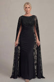 Black Sheath Long Mother of the Bride Dress with Cape