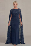 Black Sheath Long Mother of the Bride Dress with Cape