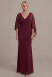 Black Sheath V Neck Long Mother of the Bride Dress with Cape Sleeves