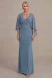 Black Sheath V Neck Long Mother of the Bride Dress with Cape Sleeves