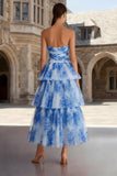 White Blue Flower Strapless A Line Tulle Tiered Midi Prom Dress