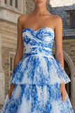White Blue Flower Strapless A Line Tulle Tiered Midi Prom Dress