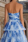 White Blue Flower Strapless A Line Tulle Tiered Midi Prom Dress