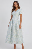 Blue White Floral A Line V Neck Midi Wedding Guest Dress with Short Sleeves