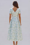 Blue White Floral A Line V Neck Midi Wedding Guest Dress with Short Sleeves