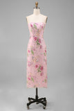 Pink Pencil Sequin Floral Strapless Midi Wedding Guest Dress