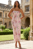Pink Pencil Sequin Floral Strapless Midi Wedding Guest Dress