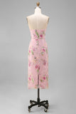 Pink Pencil Sequin Floral Strapless Midi Wedding Guest Dress