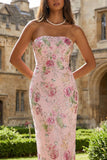 Pink Pencil Sequin Floral Strapless Midi Wedding Guest Dress