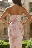 Pink Pencil Sequin Floral Strapless Midi Wedding Guest Dress