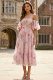 A Line Pink Sequin Floral Off the Shoulder Midi Wedding Guest Dress