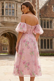 A Line Pink Sequin Floral Off the Shoulder Midi Wedding Guest Dress