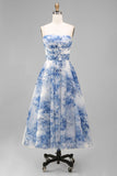 White Blue Flower A Line Ruched Strapless Midi Wedding Guest Dress
