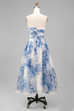 White Blue Flower A Line Ruched Strapless Midi Wedding Guest Dress