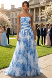 A Line Tulle White Blue Flower Ruched Strapless Long Prom Dress