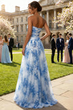 A Line Tulle White Blue Flower Ruched Strapless Long Prom Dress