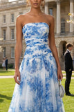 A Line Tulle White Blue Flower Ruched Strapless Long Prom Dress